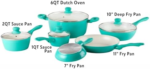 IMUSA 10pc Forged Aluminum Ivory Ceramic Cookware Set with Teal Handles