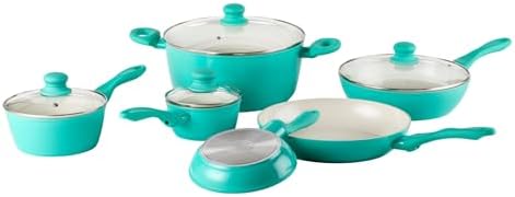 IMUSA 10pc Forged Aluminum Ivory Ceramic Cookware Set with Teal Handles