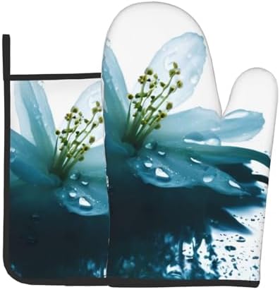 Quopvn Teal Lily Oven Mitt Potholder Set - Heat-Resistant Kitchen Gloves
