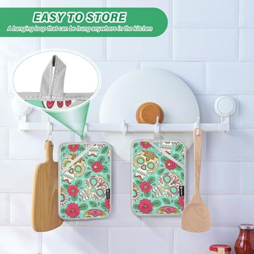 OurVII 2-Piece Halloween Floral Skull Pot Holder Set