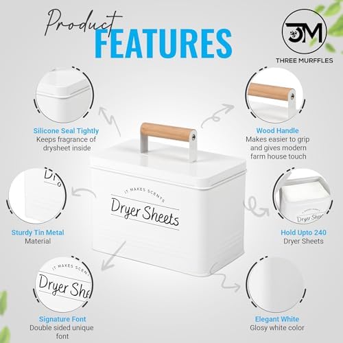 Three Murffles Dryer Sheet Holder - Sturdy White Dispenser