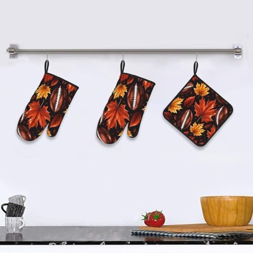 Oven Mitts Set of 3 with Maple Leaf and Football Pattern