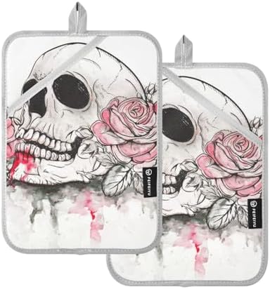 Two-Piece Halloween Pink Rose Skull Pot Holder Set