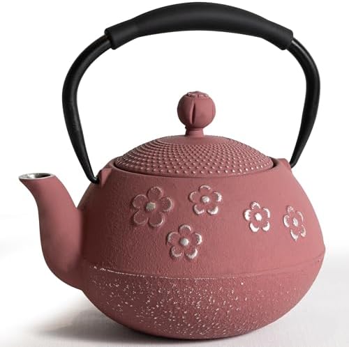 Cast Iron Teapot with Enameled Interior and Plum Blossom Design