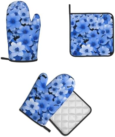 Premium Blue Flower Printed Oven Mitts Pot Holders Heat-Resistant and Durable