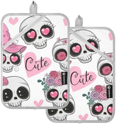 2Pcs Cute Skull Flower Pot Holder Set Non-Slip Oven Mitts with Pockets
