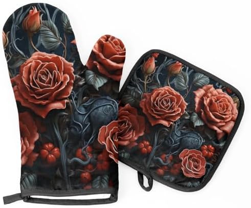 Halloween Red Rose Oven Mitt Set