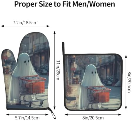 Funny Halloween Ghost Oven Mitts Set Heat-Resistant Potholders for Cooking Baking