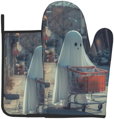 Funny Halloween Ghost Oven Mitts Set Heat-Resistant Potholders for Cooking Baking