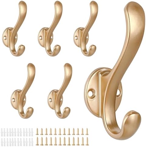 6 Pack Gold Wall Coat Hooks Heavy Duty Double Hooks