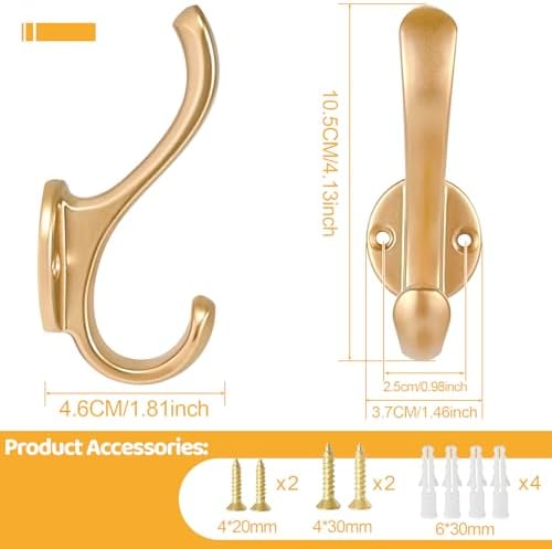6 Pack Gold Wall Coat Hooks Heavy Duty Double Hooks