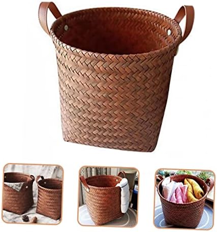 Leather Brown Wicker Laundry Storage Basket for Home and Clothes