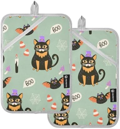 2-Piece Halloween Black Cat Potholders for Fall seasonal