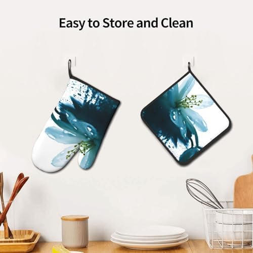 Quopvn Teal Lily Oven Mitt Potholder Set - Heat-Resistant Kitchen Gloves
