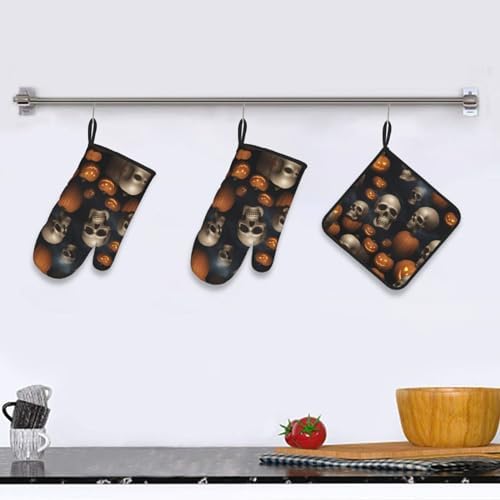 Ogniwo Halloween Skull Heat Resistant Oven Mitts and Pot Holders Set 3pcs