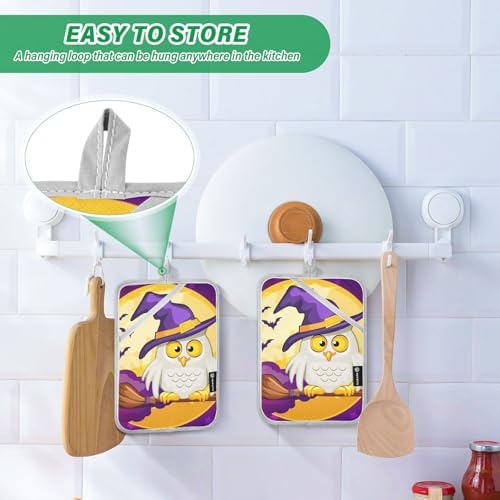 2Pcs Halloween Owl Moon Potholders with Pockets Mitts Set - Heat Resistant Oven Mitts