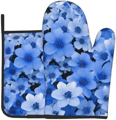 Premium Blue Flower Printed Oven Mitts Pot Holders Heat-Resistant and Durable