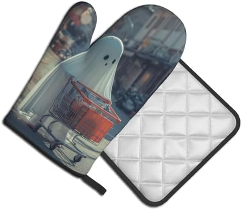 Funny Halloween Ghost Oven Mitts Set Heat-Resistant Potholders for Cooking Baking