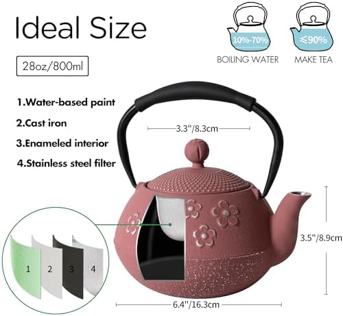 Cast Iron Teapot with Enameled Interior and Plum Blossom Design