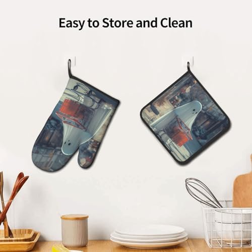 Funny Halloween Ghost Oven Mitts Set Heat-Resistant Potholders for Cooking Baking
