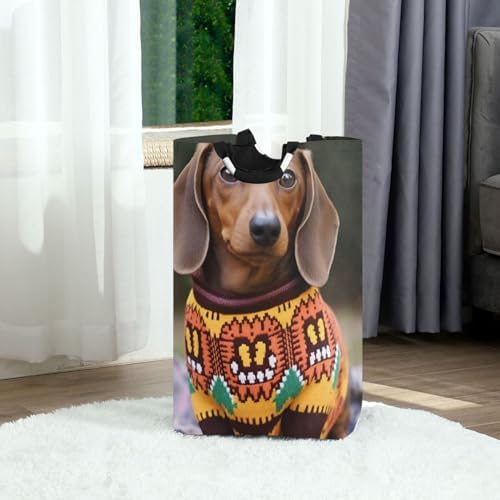 Kigai Collapsible Laundry Basket with Handles Cute Dachshunds Portable Large Waterproof Organizer