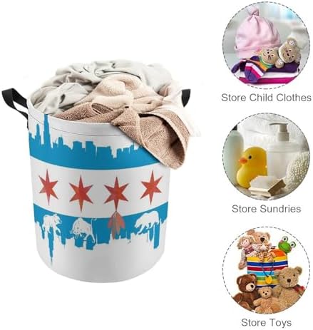 Chicago Flag Skyline Bear Laundry Basket Round Collapsible