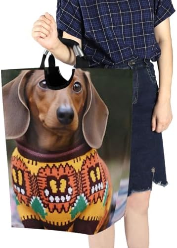 Kigai Collapsible Laundry Basket with Handles Cute Dachshunds Portable Large Waterproof Organizer