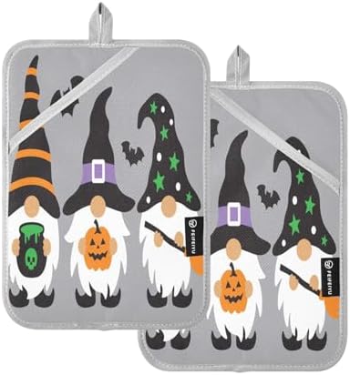 Happy Halloween Black Bat Kitchen Potholders 2-Pack Pumpkin Gnome Oven Hot Pads