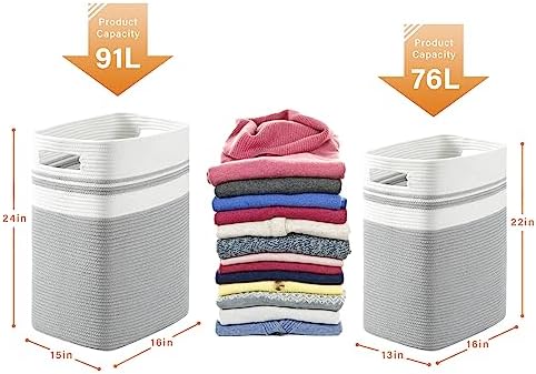 OIAHOMY 91L Laundry Hamper Collapsible Cotton Rope Basket - Grey