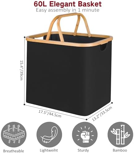Efluki 60L Black Collapsible Laundry Basket with Handles