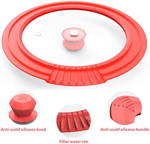 Tempered Glass Strainer Lid with Silicone Rim for Stockpot Pot - Red