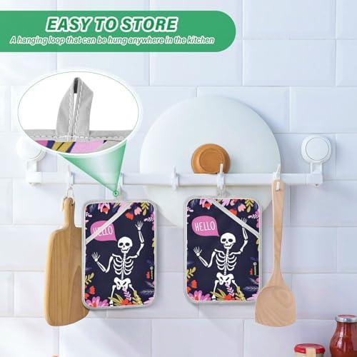 2Pcs Hello Skeleton Potholder Set Non-Slip Heat Resistant