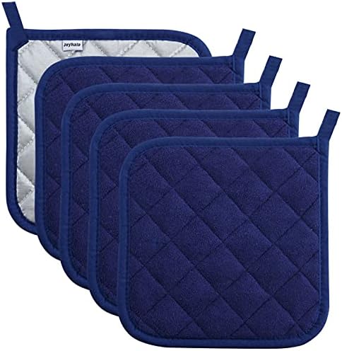 JoyhaloThicker Heat Resistant Potholders Set of 5 Dark Blue Premium Quilted Design