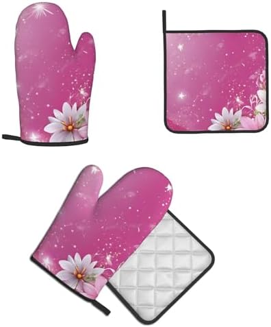 Daisy-Printed Oven Mitts and Pot Holders Non-Slip Kitchen Gloves