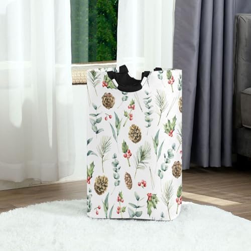 Collapsible Laundry Basket with Handles Waterproof Nursery Storage Christmas Pinecone Design