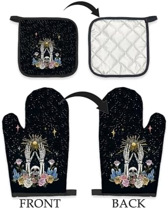 mouthwatering bone-structured black gothic oven mitts and pot holders sets