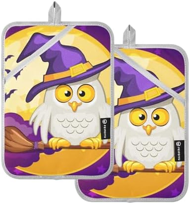 2Pcs Halloween Owl Moon Potholders with Pockets Mitts Set - Heat Resistant Oven Mitts
