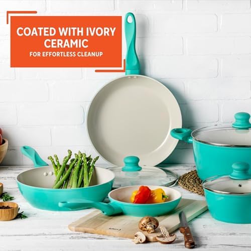 IMUSA 10pc Forged Aluminum Ivory Ceramic Cookware Set with Teal Handles