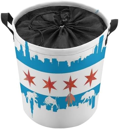 Chicago Flag Skyline Bear Laundry Basket Round Collapsible