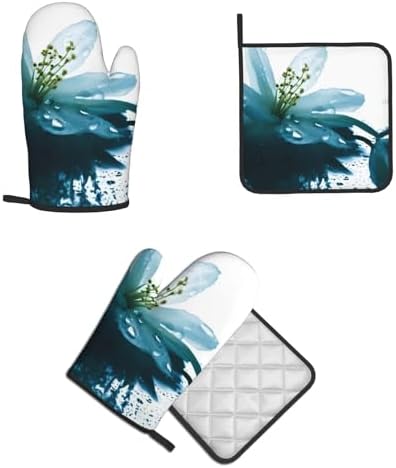 Quopvn Teal Lily Oven Mitt Potholder Set - Heat-Resistant Kitchen Gloves