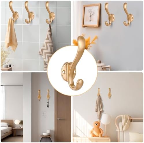 6 Pack Gold Wall Coat Hooks Heavy Duty Double Hooks