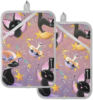 Halloween Black Cat 2Pcs Pot Holder Set Non-Slip Kitchen Baking Cooking