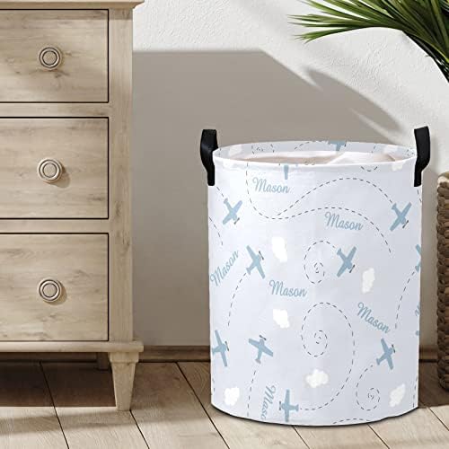 Personalized Laundry Basket Hamper with Airplane Blue Clouds Name Text