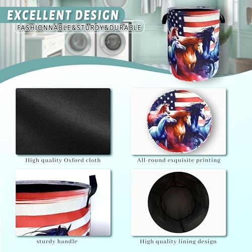 American Flag Horse Laundry Basket Foldable Oxford Cloth Storage Bucket