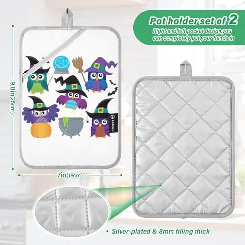 Ourvii 2Pcs Halloween Funny Owl Witches Pot Holder Set