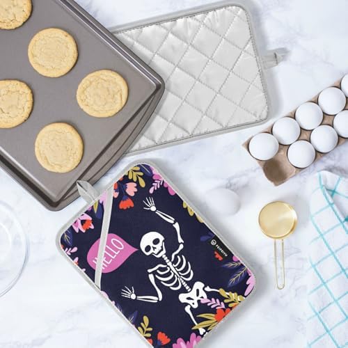 2Pcs Hello Skeleton Potholder Set Non-Slip Heat Resistant