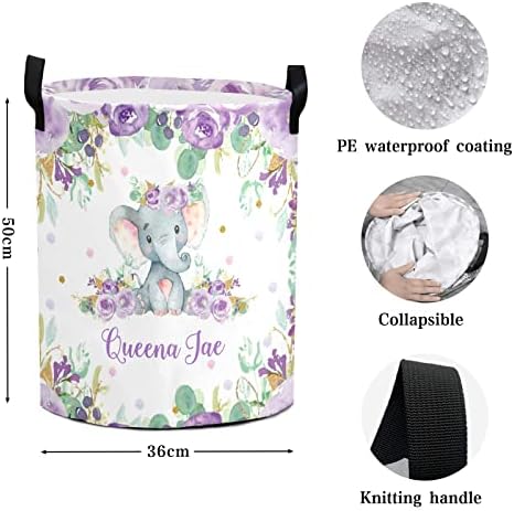 Purple Floral Elephant Laundry Basket with Waterproof PE Coating