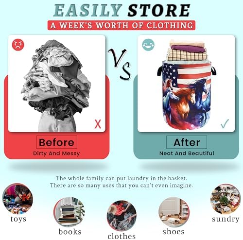 American Flag Horse Laundry Basket Foldable Oxford Cloth Storage Bucket