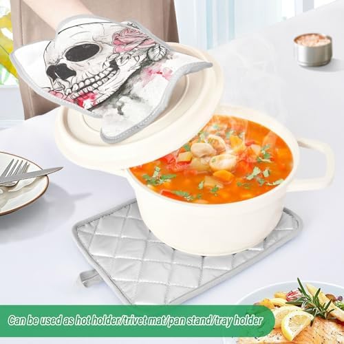 Two-Piece Halloween Pink Rose Skull Pot Holder Set