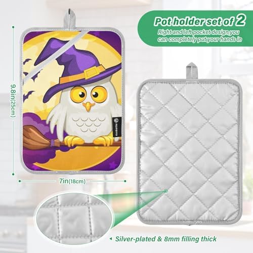 2Pcs Halloween Owl Moon Potholders with Pockets Mitts Set - Heat Resistant Oven Mitts